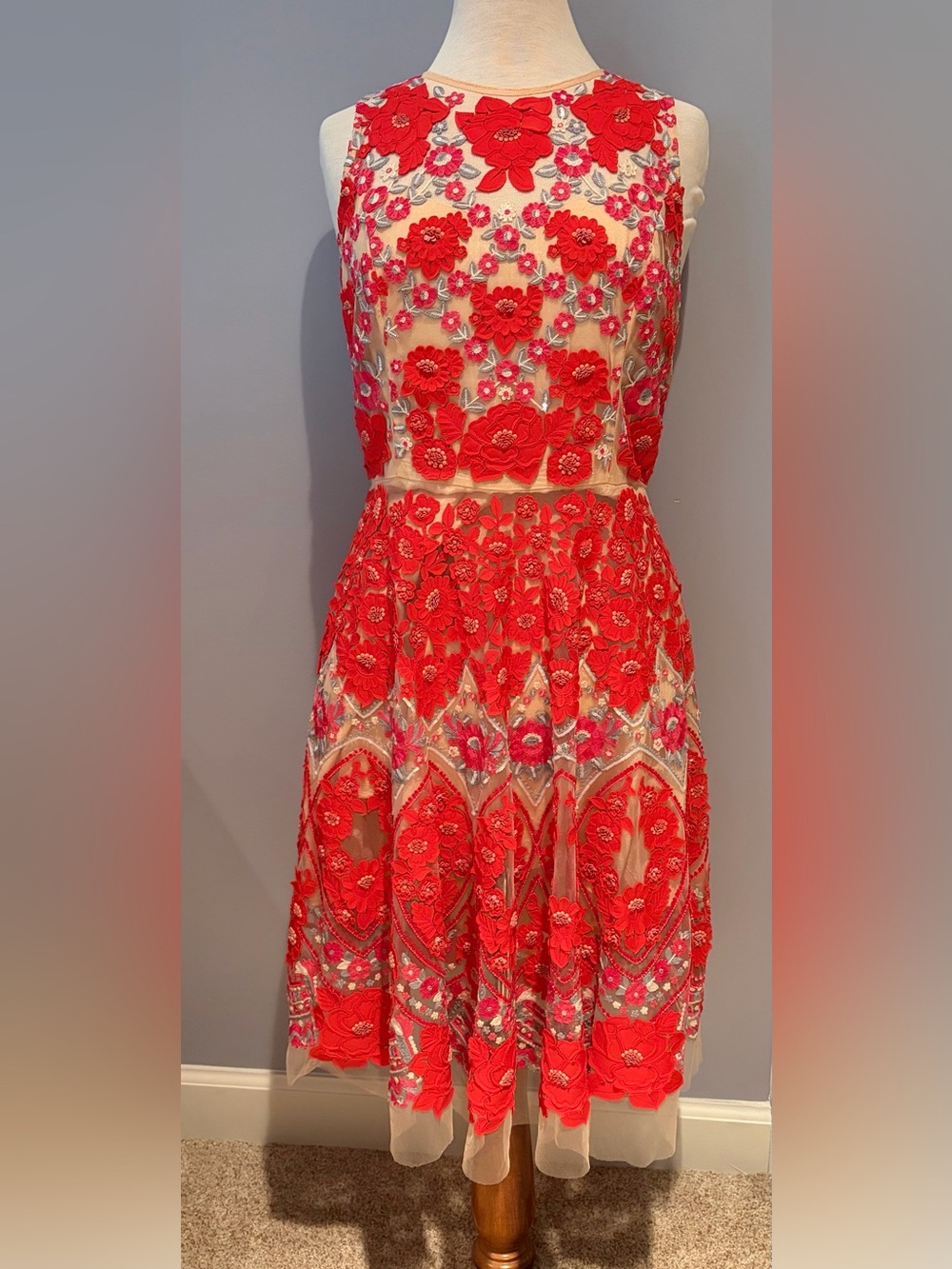 Red Floral Appliqué Sleeveless A-Line Dress- Beyond beautiful